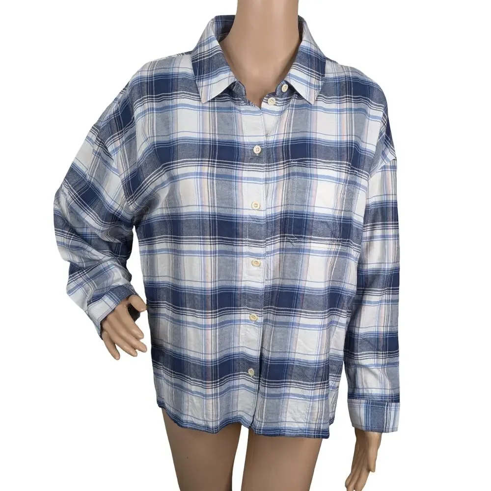Madewell Hartfield Flannel Plaid Shirt M White Blue Peach Boxy Side Slit Button